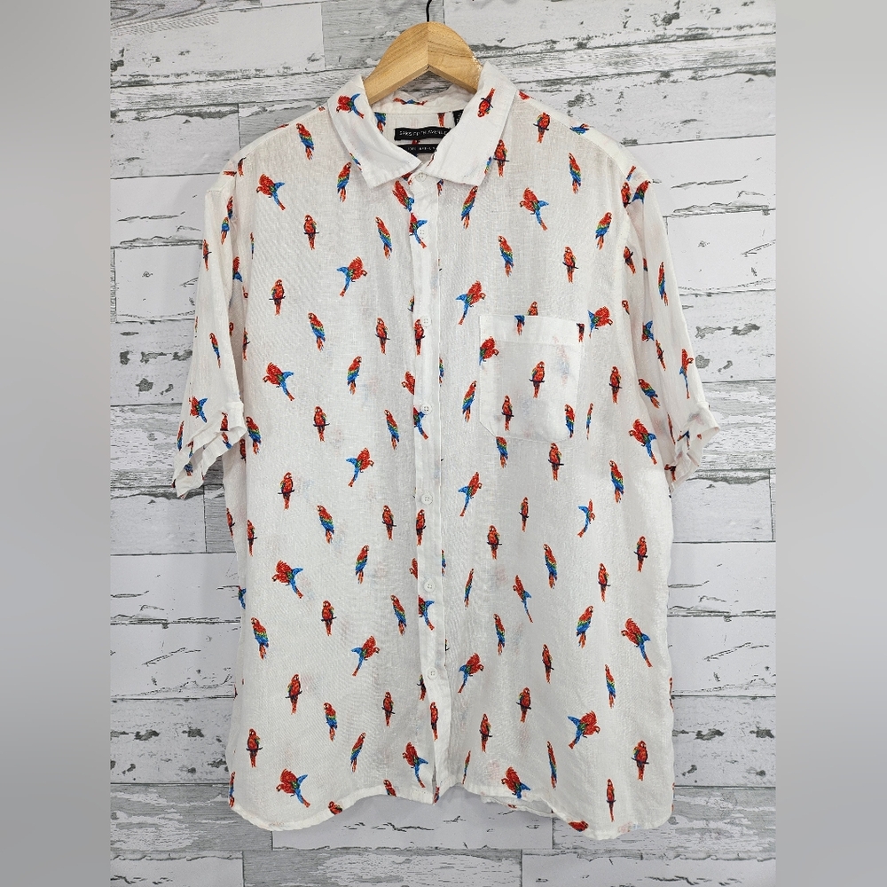 Saks Fifth Avenue White Shirt with Colorful Parrot Print